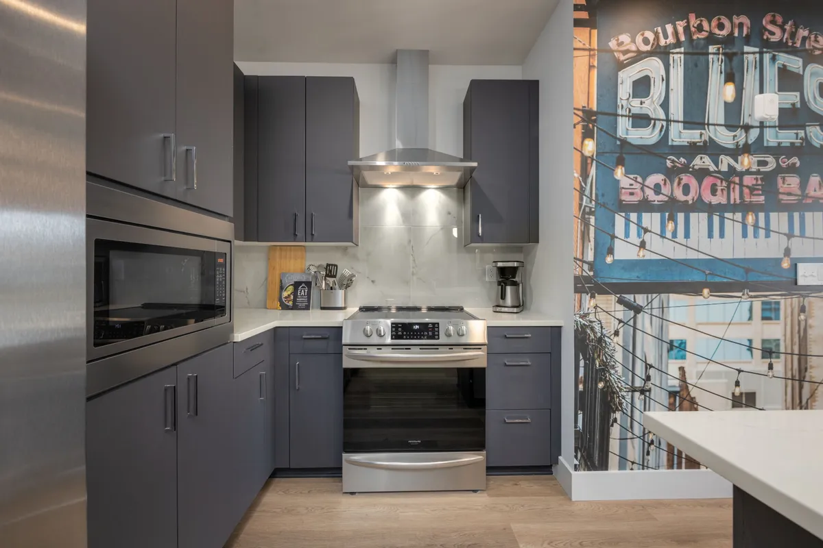 A kitchen with stainless steel appliances, modern cabinetry, and a unique wall mural. The space exudes a vibrant and contemporary feel, suggesting a place where cooking is both enjoyable and visually engaging.