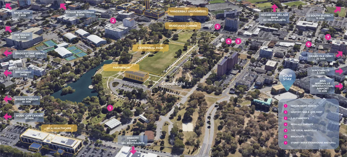 This view captures Centennial Park, Vanderbilt University, and the GoodNight Hotel, offering a lively urban landscape with greenery, campus landmarks, and a glimpse into local attractions. People can be seen exploring the park and nearby restaurants, emphasizing the vibrant community atmosphere.