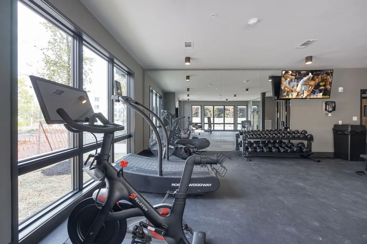 This image showcases a vibrant, modern fitness center with a Peloton bike, treadmill, free weights, large windows offering natural light, and a television screen, conveying an energetic atmosphere perfect for maintaining wellness routines.