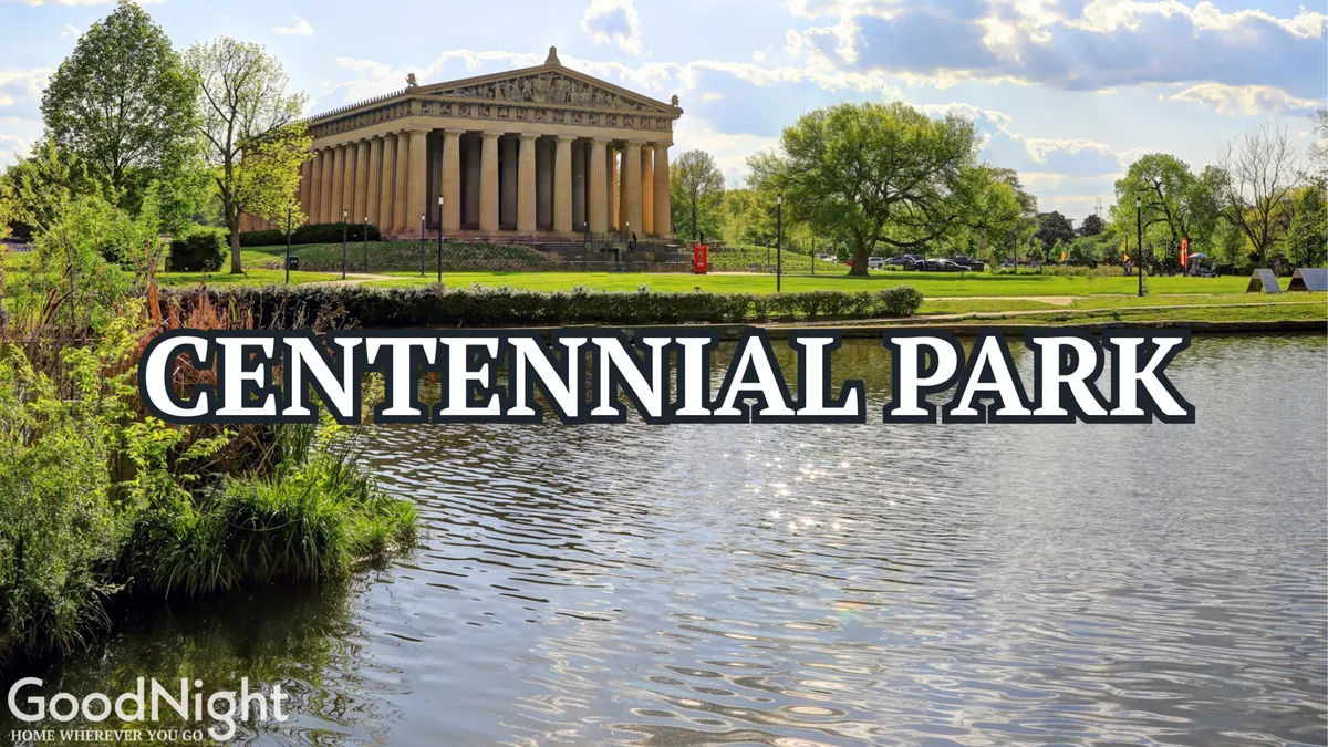 Centennial Park featuring the iconic Parthenon replica, calm waters, and lush greenery surrounding pathways and open lawns. The tranquil setting is ideal for walking, picnicking, and photography, capturing a piece of Nashville’s local culture and outdoor leisure.
