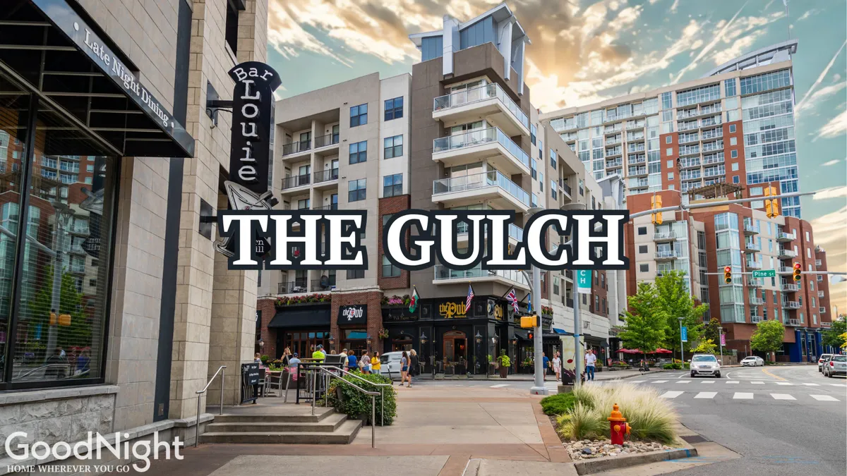 The lively streetscape of Midtown, featuring the Bar Louie sign, multi-story residential buildings, and sidewalk activity. The scene captures the energetic atmosphere of the area, highlighting dining, shopping, and the proximity of vibrant restaurants and gathering places.